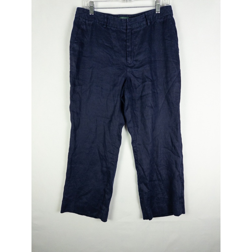 Lauren Ralph Lauren Linen Trouser Pants Womens 12p Navy Blue Coastal Preppy